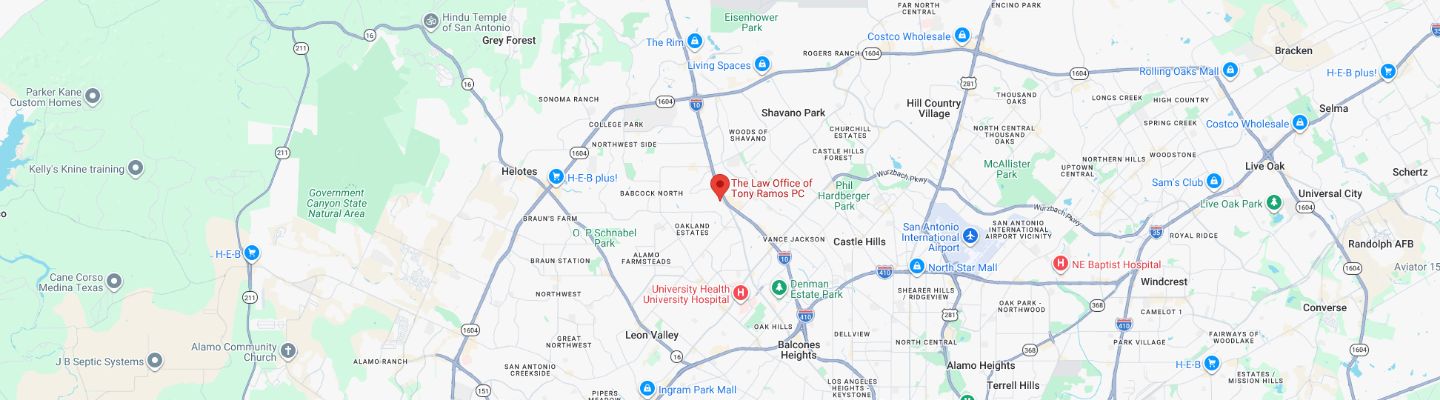 Map showing The Law Office of Tony Ramos, P.C. in San Antonio, Texas